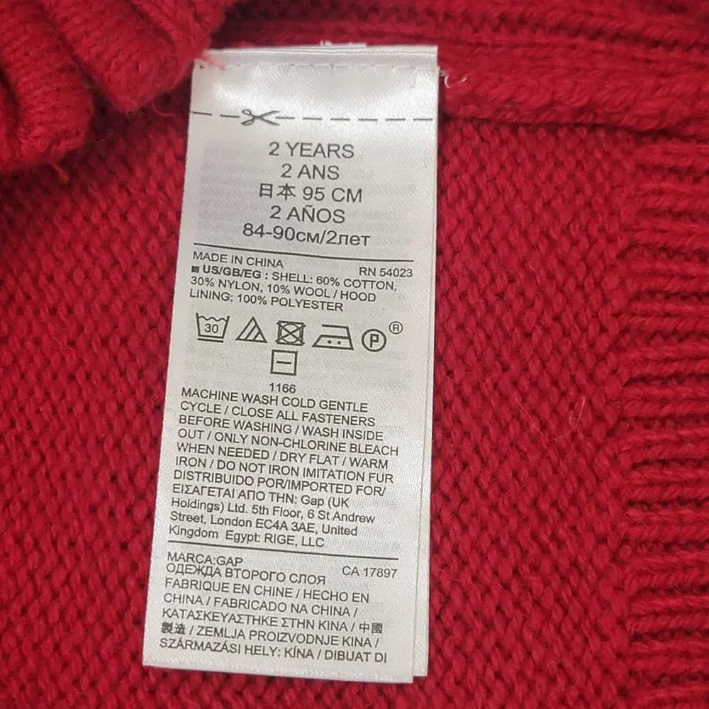 Baby Gap Full Zip Cable Knit Hoodie Sz 2T Red Blue‎ Gray Wool Blend Sweater New